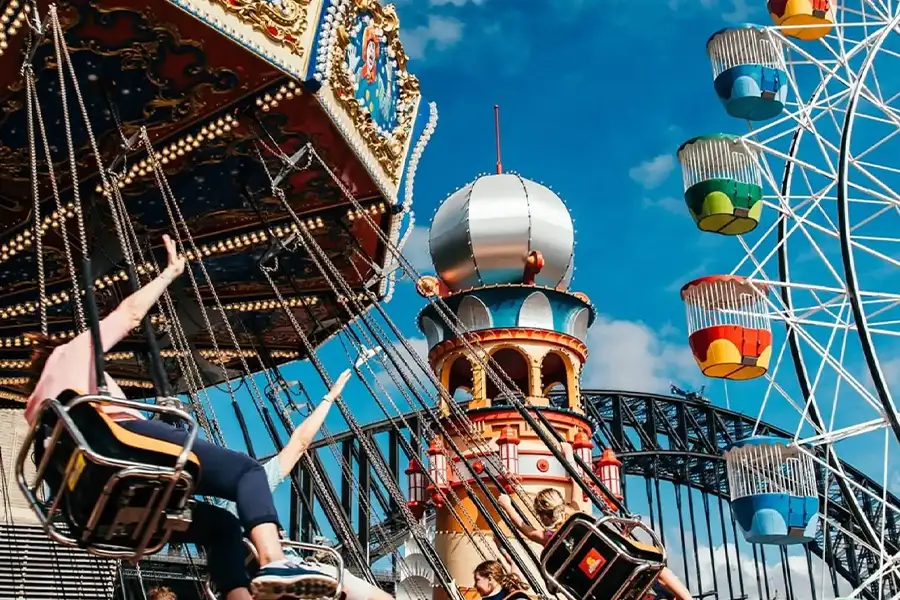 Luna Park with rides and harbour bridge